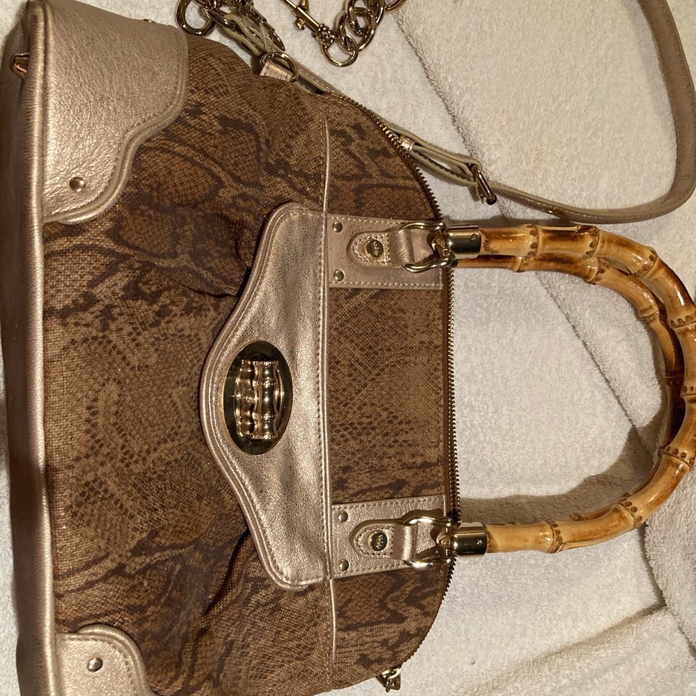 NWT Elaine Turner snake skin printed leather with bamboo handles
